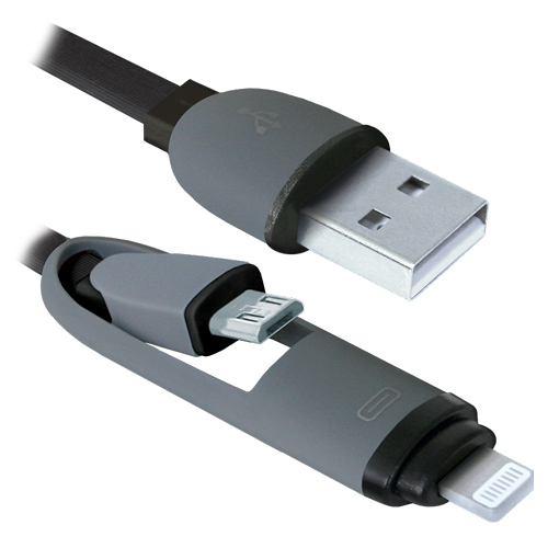 Кабель для зарядки 2 в1 USB - MicroUSB + Lightning, с колпачками